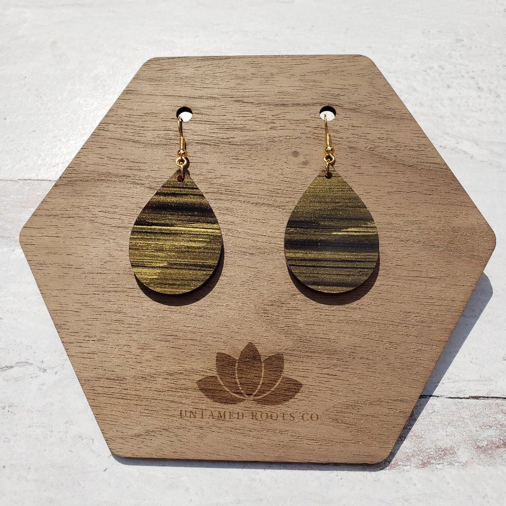 Brushed Gold Large Teardrop Dangle Earrings, Acrylic, Handmade